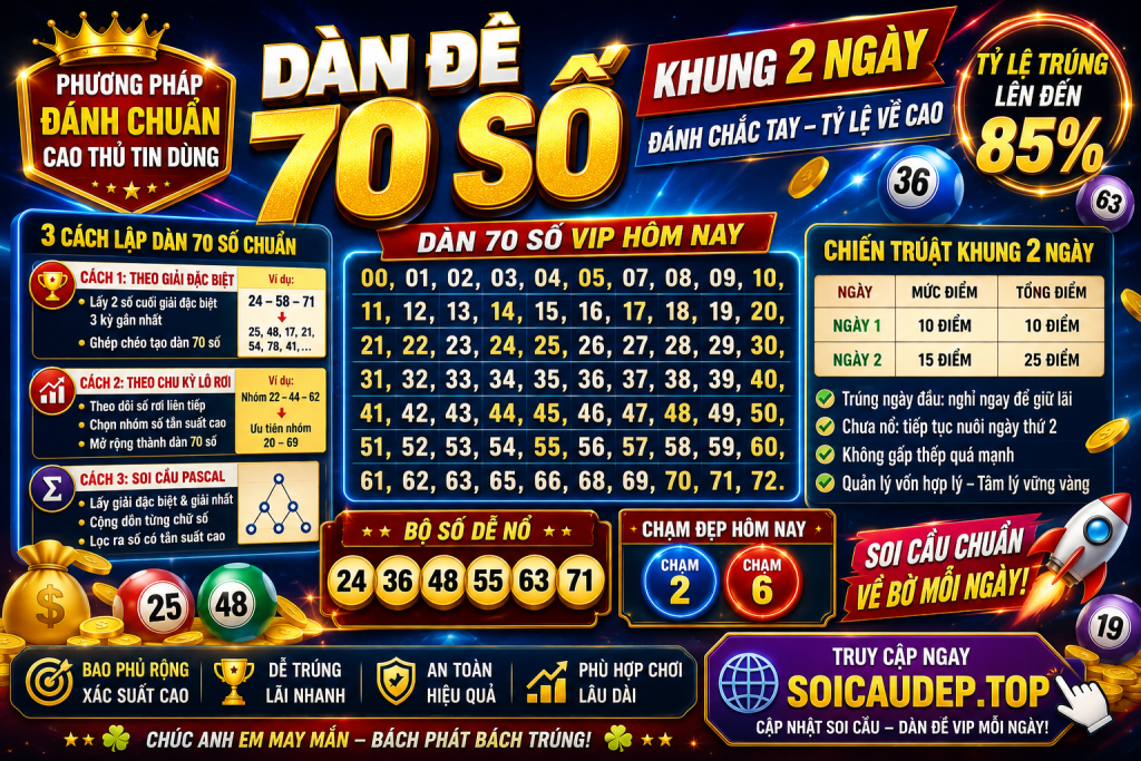 DÀN ĐỀ 70 SỐ KHUNG 2 NGÀY – PHƯƠNG PHÁP ĐÁNH CHẮC TAY, TỶ LỆ VỀ CAO